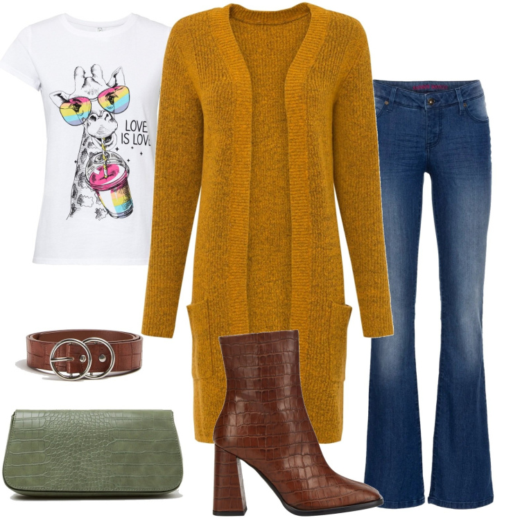 Outfit donna - Colori d\'autunno. Stile Casual per Tutti i giorni. Abbinamento con jeans bootcut, cardigans, t-shirt, stivaletti, cinture, borse a spalla.