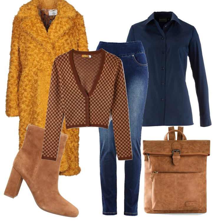 Outfit donna - A posto per il giorno. Stile Basic per Tutti i giorni. Abbinamento con zaini, jeans slim fit, camicie, cappotti, stivaletti, cardigans.