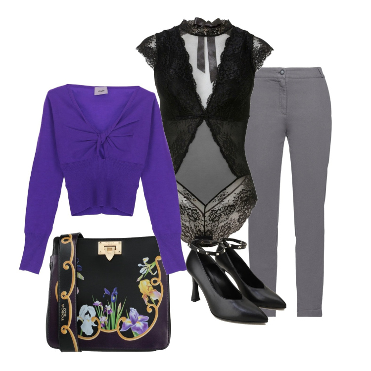 Outfit donna - Pizzo in vista. Stile Bon Ton per Serata fuori. Abbinamento con body, borse a tracolla, pantaloni, décolleté, maglieria.