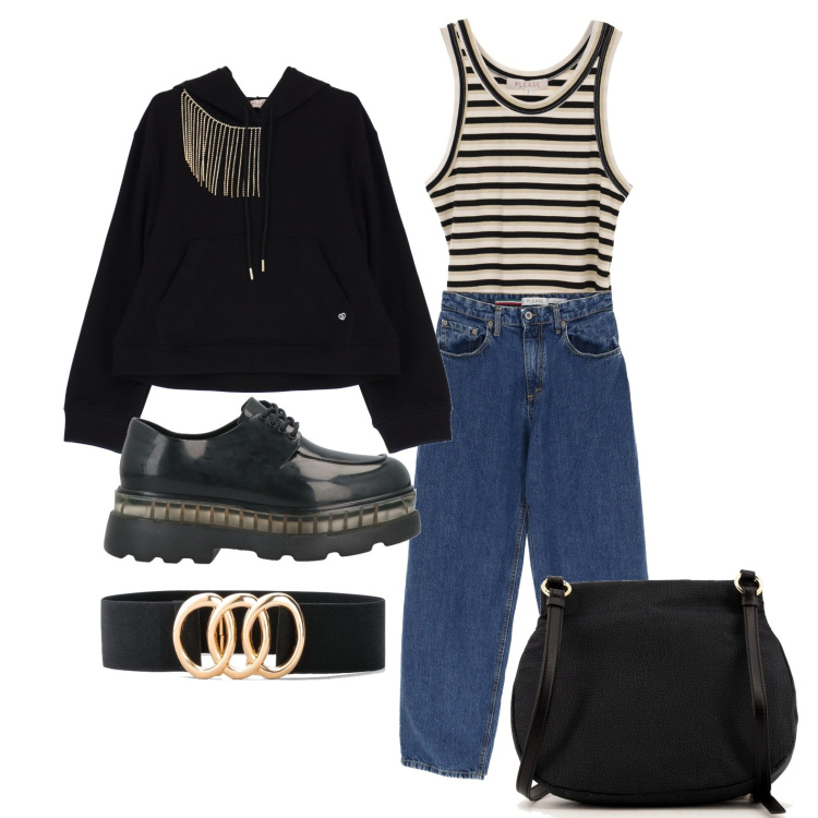 Outfit donna - Come in barca. Stile Casual per Tutti i giorni. Abbinamento con cinture, scarpe stringate, jeans boyfriend, felpe con cappuccio, canottiere, borse a tracolla.
