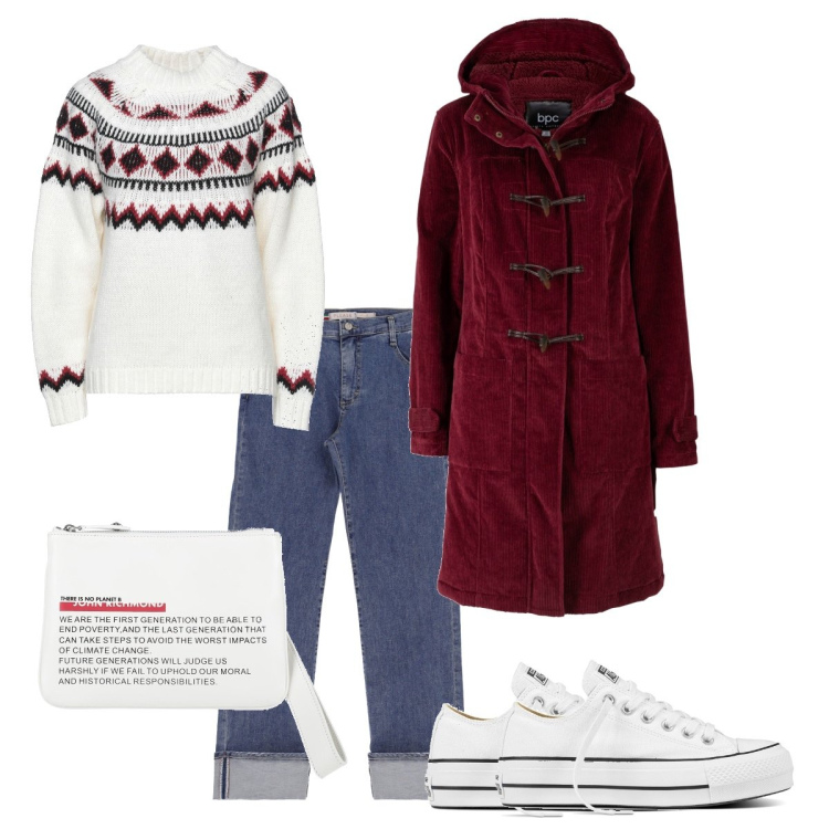 Outfit donna - Il mongomeri di velluto. Stile Trendy per Tutti i giorni. look ideale per Tall. Abbinamento con montgomery, maglieria, borse a mano, sneakers, jeans dritti.