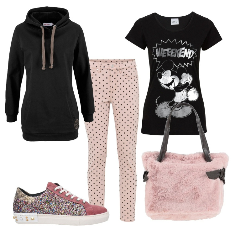 Outfit donna - Total look #1436590. Stile Sporty chic per Tutti i giorni. Abbinamento con t-shirt, felpe con cappuccio, pantaloni, sneakers, borse a mano.