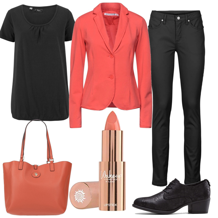 Outfit donna - Peach. Stile Urban per Tutti i giorni. Abbinamento con t-shirt, jeans skinny, francesine, borse a spalla, blazer, rossetti.