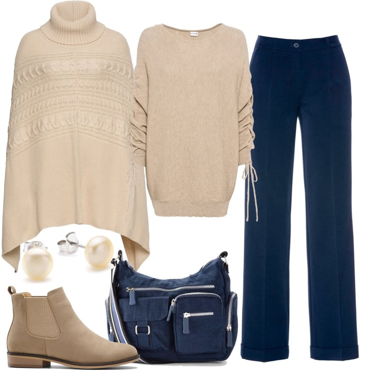 Outfit donna - Ogni giorno carina. Stile Basic per Tutti i giorni. Abbinamento con pantaloni, stivaletti chelsea, borse a tracolla, maglieria, cappotti, orecchini.