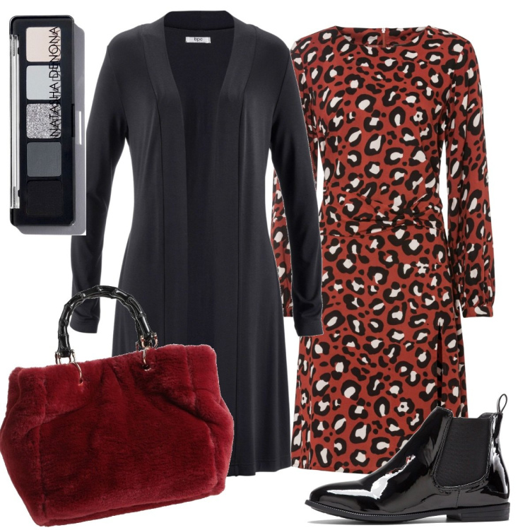 Outfit donna - Il vestitino fantasia. Stile Bon Ton per Ufficio. Abbinamento con cardigans, vestiti, stivaletti chelsea, borse a mano, ombretti.