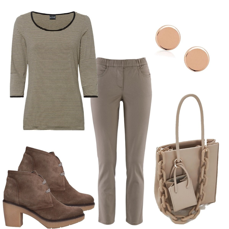 Outfit donna - La maglia a righe. Stile Casual per Tutti i giorni. Abbinamento con pantaloni, maglieria, stivaletti, shopping bag, orecchini.