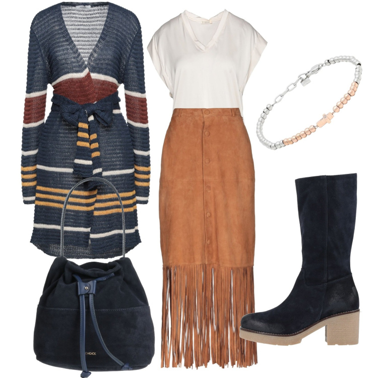 Outfit donna - Stivali yoox. Stile Boho per Ufficio. Abbinamento con stivali, cardigans, gonne lunghe, braccialetti, borse a mano, bluse.