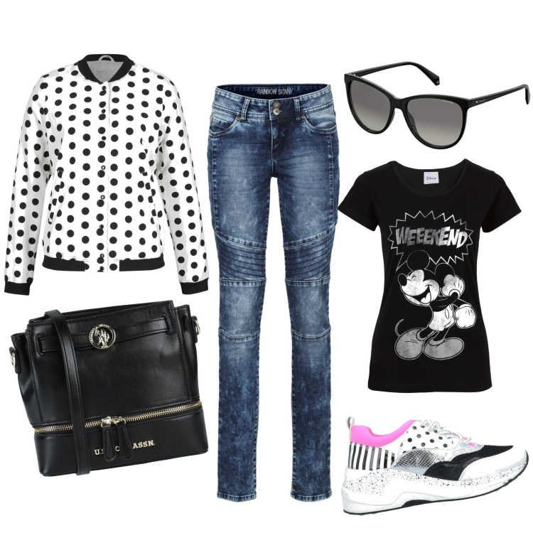 Outfit donna - Pomeriggio con le amiche. Stile Glamour per Tutti i giorni. Abbinamento con t-shirt, jeans skinny, bomber, sneakers, borse a tracolla, occhiali da sole.