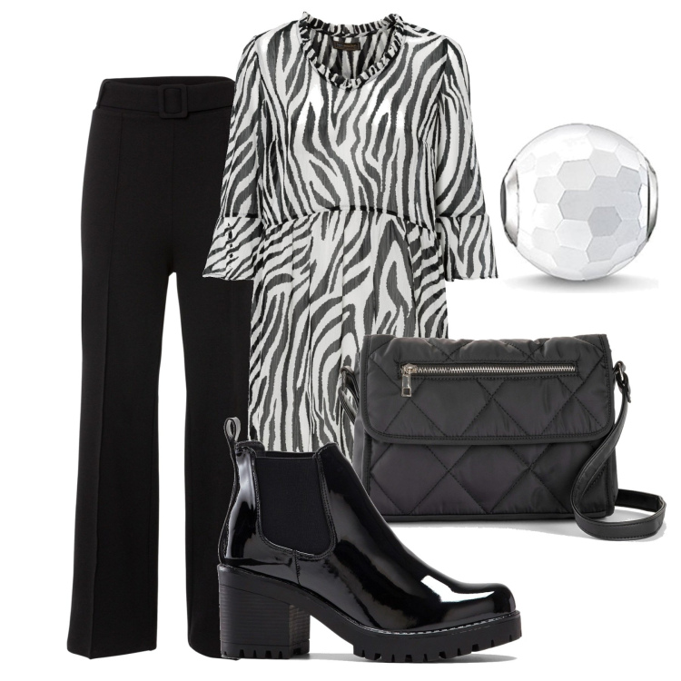 Outfit donna - Zebrato curvy. Stile Trendy per Ufficio. Abbinamento con stivaletti, bluse, pantaloni a palazzo, borse a tracolla, ciondoli.