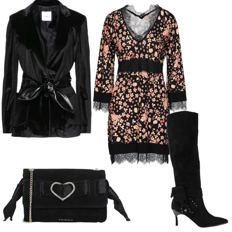 Outfit donna - Serata con lo stivale, non è mica male!. Stile Chic per Serata fuori. Abbinamento con vestiti corti, stivali, blazer, borse a tracolla.