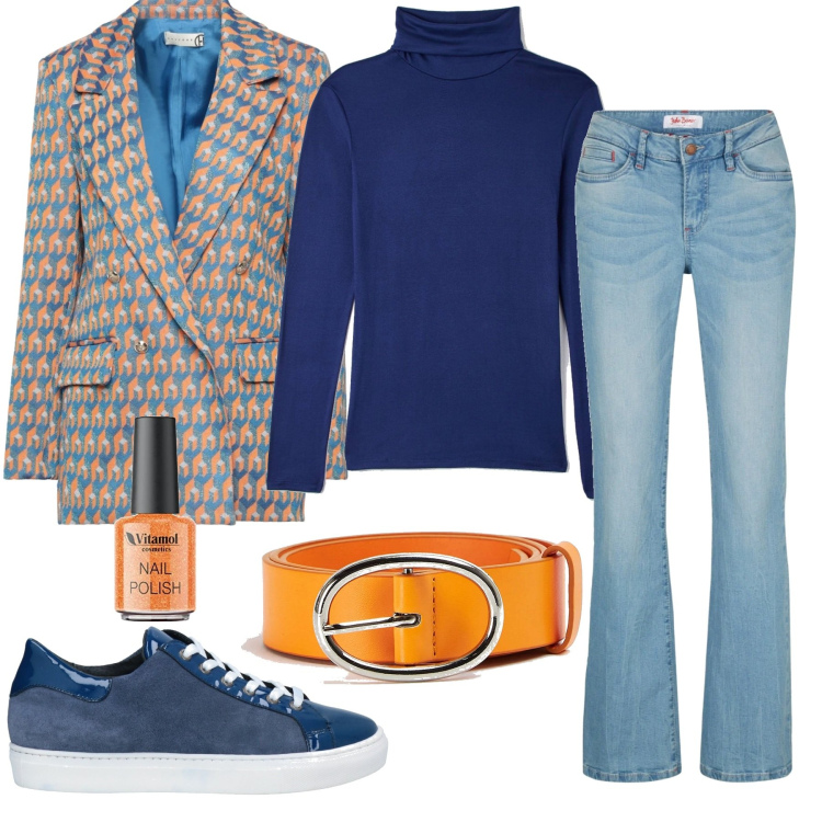 Outfit donna - La giacca arancio e azzurro. Stile Casual per Tutti i giorni. Abbinamento con jeans bootcut, blazer, sneakers, t-shirt, cinture, smalti.