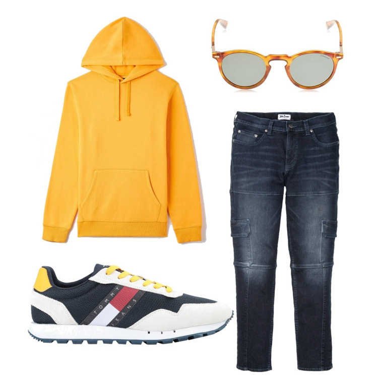 Outfit uomo - La felpa gialla. Stile Casual per Tutti i giorni. Abbinamento con jeans slim fit, sneakers, felpe con cappuccio, occhiali da sole.