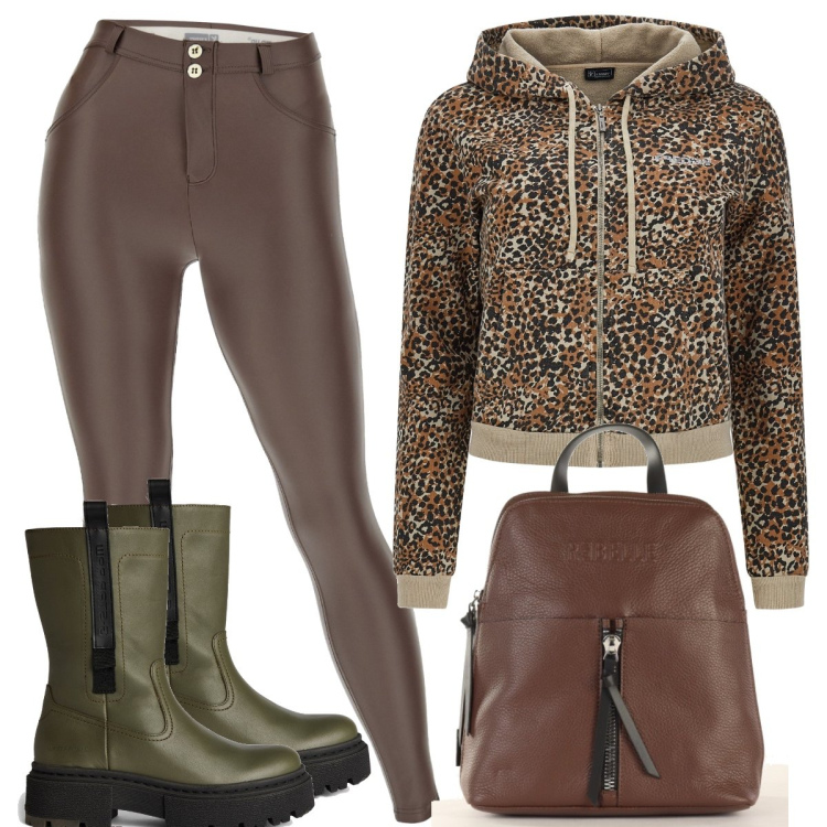 Outfit donna - Freddy FW22. Stile Sporty chic per Tutti i giorni. Abbinamento con zaini, stivali, pantaloni skinny, felpe con cappuccio.