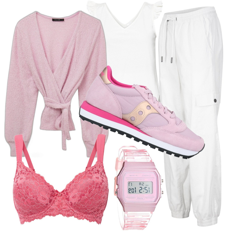 Outfit donna - Smartworking. Stile Sporty chic per Tutti i giorni. Abbinamento con top, pantaloni cargo, reggiseni, sneakers, cardigans, orologi digitali.