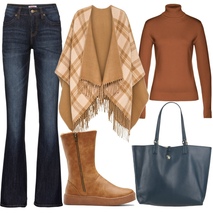 Outfit donna - Un caffè con le amiche. Stile Basic per Tutti i giorni. Abbinamento con jeans bootcut, stivali, maglieria, cappotti, borse a mano.
