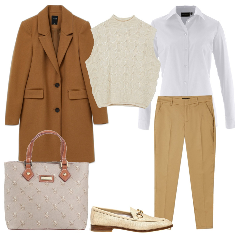 Outfit donna - In ufficio con il gilet. Stile Mannish per Ufficio. Abbinamento con camicie, borse a mano, mocassini, gilet, pantaloni, cappotti.