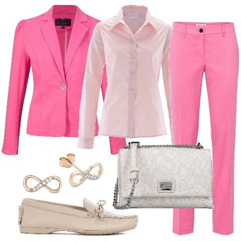 Outfit donna - Ottobre si tinge di rosa. Stile Casual chic per Ufficio. Abbinamento con borse a tracolla, camicie a manica corta, pantaloni, camicie, mocassini, orecchini.