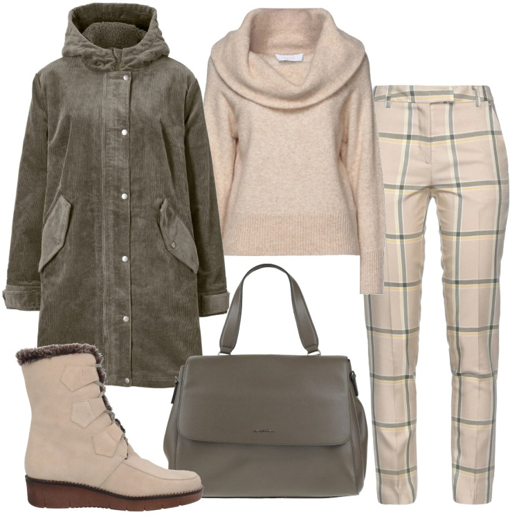 Outfit donna - Parka in stile inglese. Stile Casual per Tutti i giorni. Abbinamento con parka, pullovers, pantaloni, stivaletti, borse a mano.