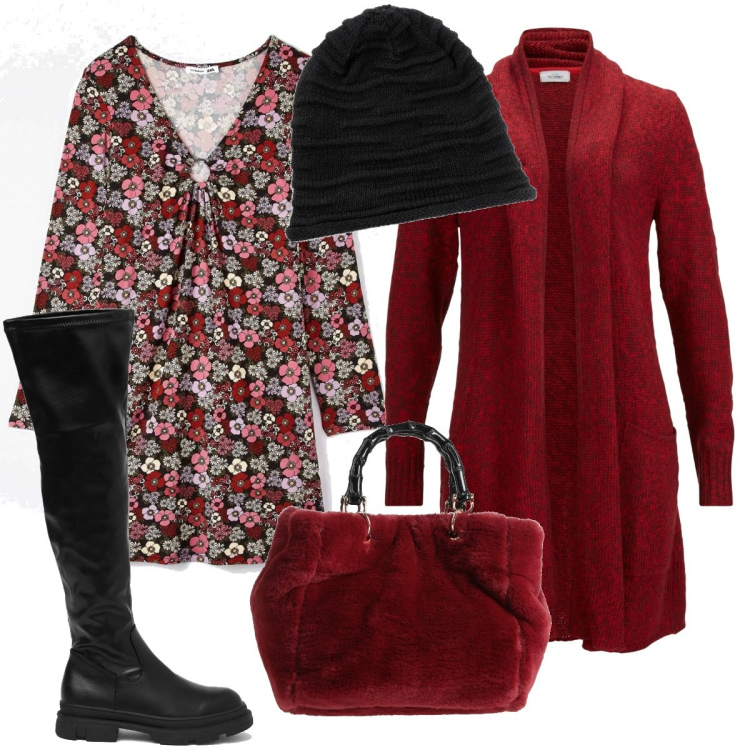 Outfit donna - Maxi cardigan e mini abito. Stile Romantica per Tutti i giorni. Abbinamento con berretti, cardigans, borse a mano, vestiti, stivali.