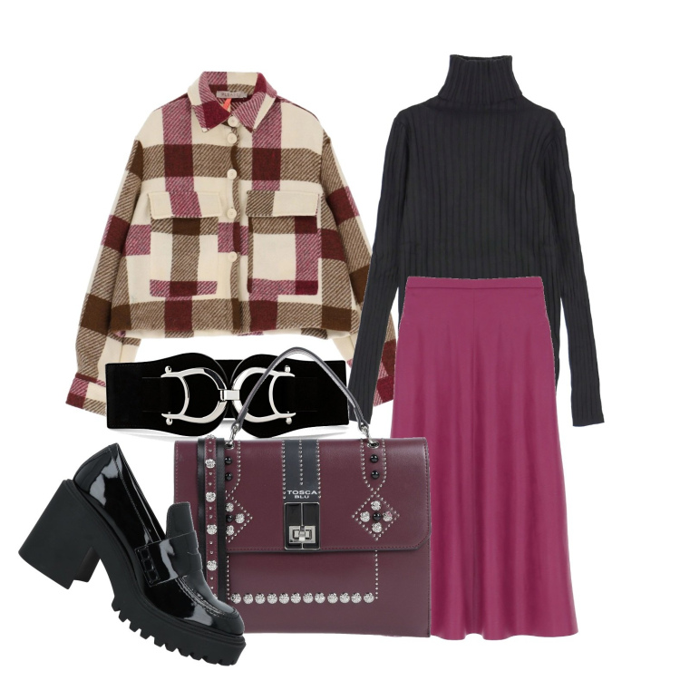Outfit donna - Il magenta non è rosso. Stile Casual chic per Ufficio. Abbinamento con cinture, mocassini, borse a mano, giacche, maglieria, gonne longuette.