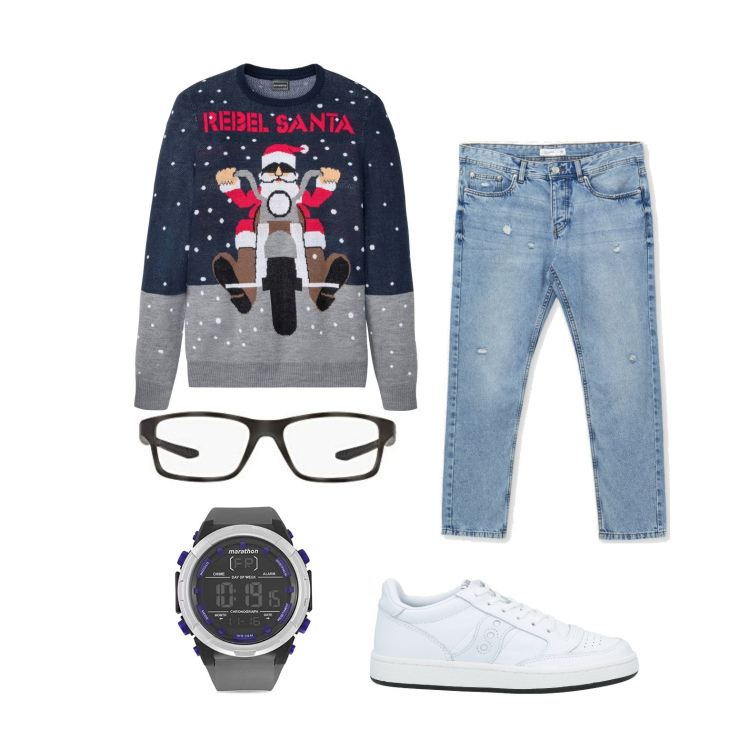 Outfit uomo - Faccio l'albero, ma non lo dico in giro. Stile Casual per Tutti i giorni. Abbinamento con jeans, sneakers, maglieria, occhiali da sole, orologi digitali.