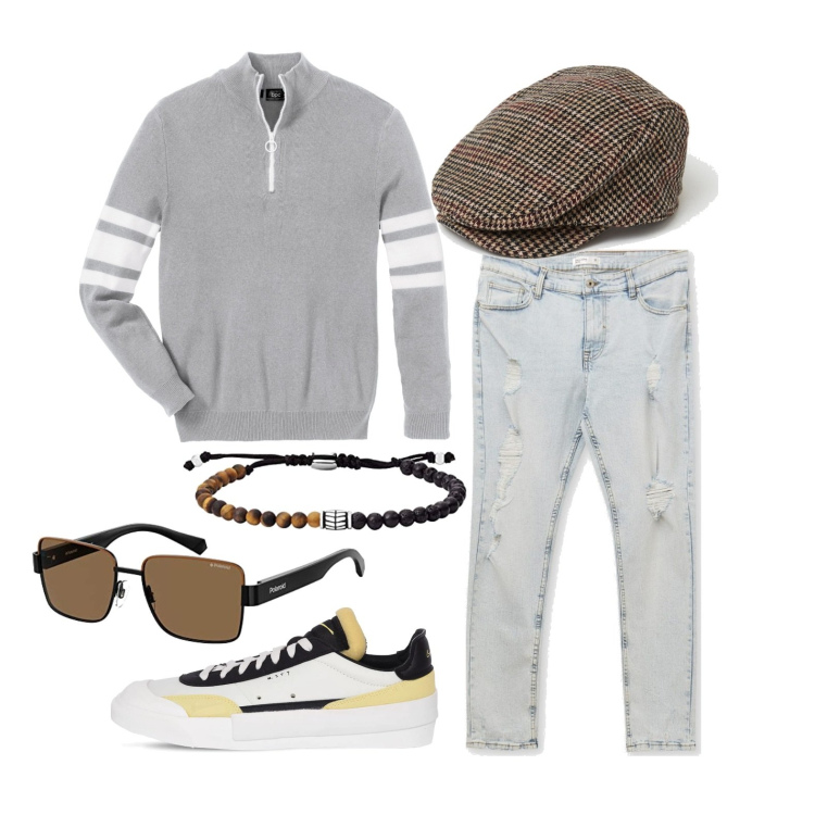 Outfit uomo - Mi riservo di ricredermi. Stile Casual per Tutti i giorni. Abbinamento con t-shirt sportive, jeans skinny, cappelli con visiera, sneakers, occhiali da sole, braccialetti.