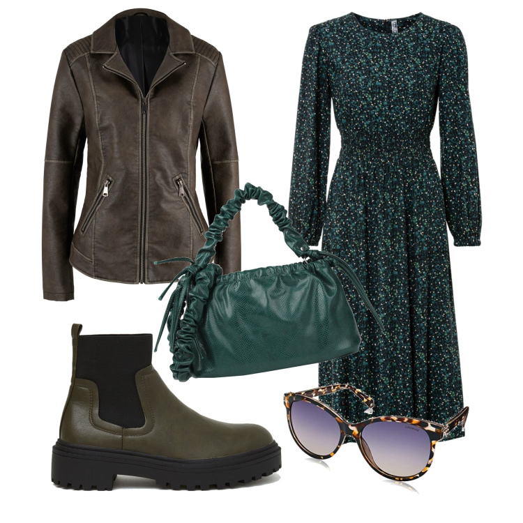 Outfit donna - In centro per l\'aperitivo. Stile Casual chic per Tutti i giorni. Abbinamento con vestiti midi/longuette, blazer, borse a mano, stivali, occhiali da sole.