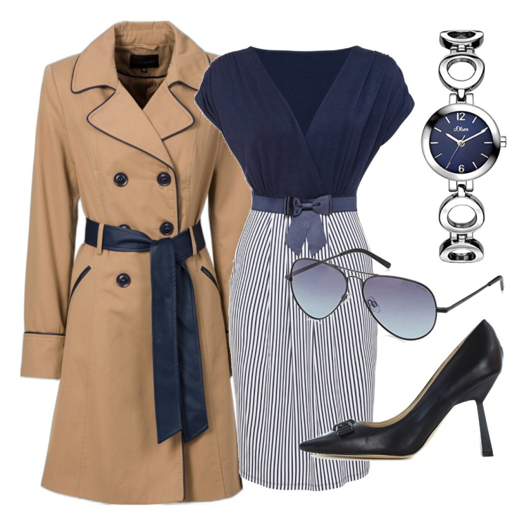 Outfit donna - Il trench per il giorno. Stile Bon Ton per Tutti i giorni. Abbinamento con vestiti, trench, décolleté, occhiali da sole, orologi.