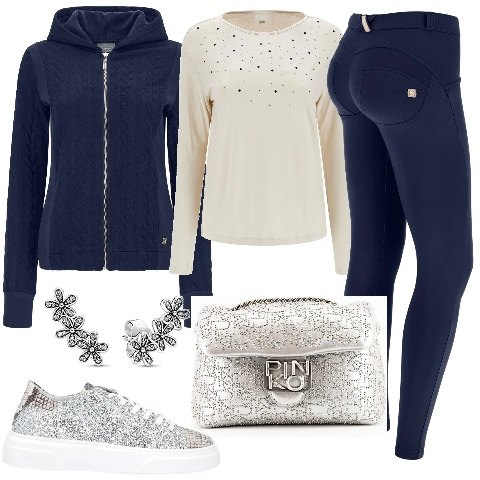 Outfit donna - Il tuo outfit per Freddy. Stile Sporty chic per Serata fuori. Abbinamento con sneakers, borse a tracolla, pantaloni skinny, felpe con cappuccio, t-shirt, orecchini.