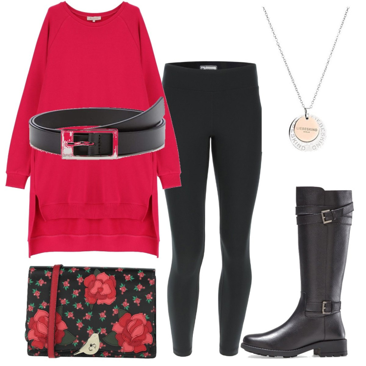 Outfit donna - Abito e leggins. Stile Casual chic per Serata fuori. Abbinamento con stivali, borse a tracolla, vestiti asimmetrici, leggings sportivo, cinture, collane.