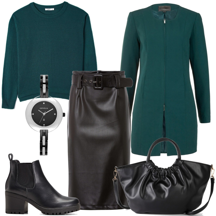 Outfit donna - Gonna di pelle e felpa. Stile Rock per Tutti i giorni. Abbinamento con stivaletti chelsea, blazer, gonne longuette, borse a mano, maglieria, orologi analogici.
