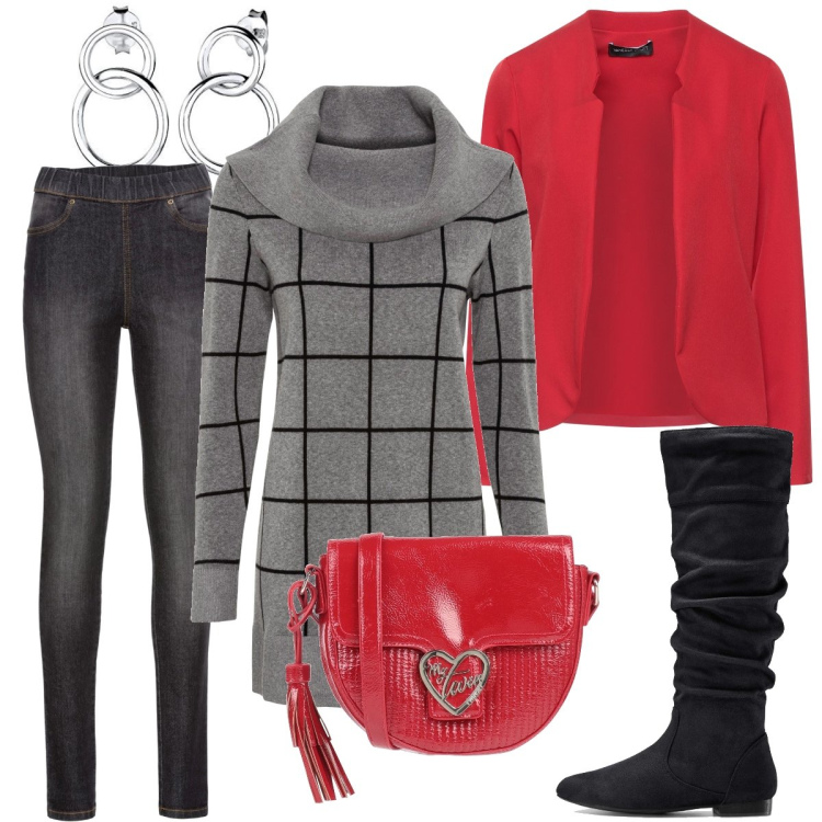 Outfit donna - Il giacchino rosso. Stile Casual chic per Tutti i giorni. Abbinamento con maglieria, stivali, jeggings, blazer, borse a tracolla, orecchini.