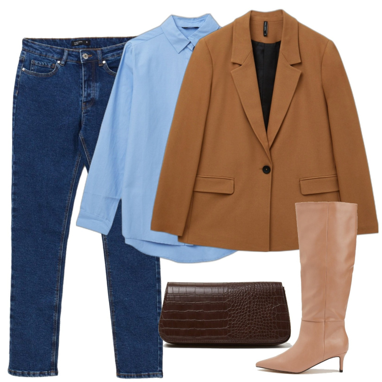 Outfit donna - La giacca cammello. Stile Casual chic per Ufficio. Abbinamento con blazer, camicie, stivali, jeans, borse a spalla.