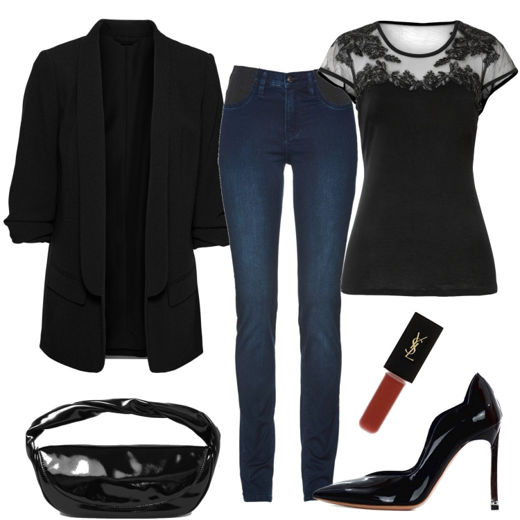 Outfit donna - Trasparenze. Stile Glamour per Serata fuori. Abbinamento con blazer, jeans skinny, maglieria, décolleté, pochette, rossetti.