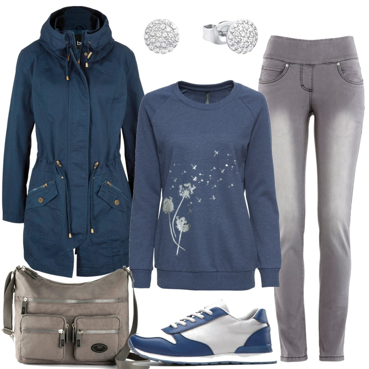 Outfit donna - La felpa stilosa. Stile Casual per Tutti i giorni. Abbinamento con parka, jeans slim fit, borse a tracolla, felpe, sneakers, orecchini.