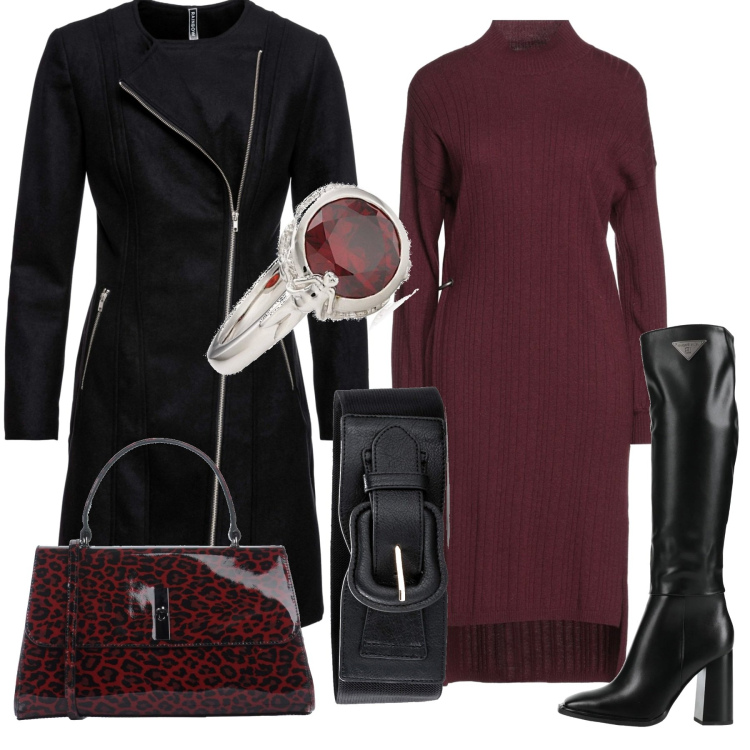 Outfit donna - Delineata. Stile Casual chic per Ufficio. Abbinamento con cinture, cappotti, vestiti midi/longuette, borse a mano, stivali, anelli.