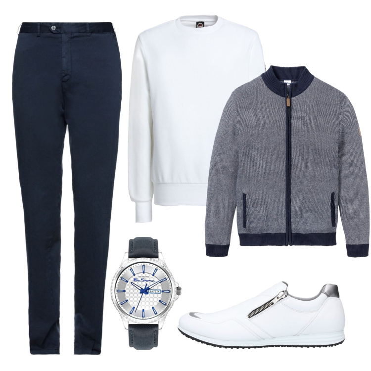 Outfit uomo - Pantaloni blu e..... Stile Urban per Serata speciale. Abbinamento con cardigans, sneakers, felpe, pantaloni, orologi.