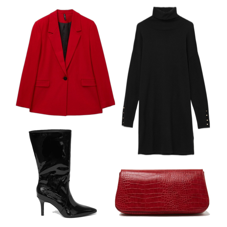 Outfit donna - Il rosso e il nero. Stile Chic per Serata fuori. Abbinamento con vestiti, blazer, stivali, borse a spalla.