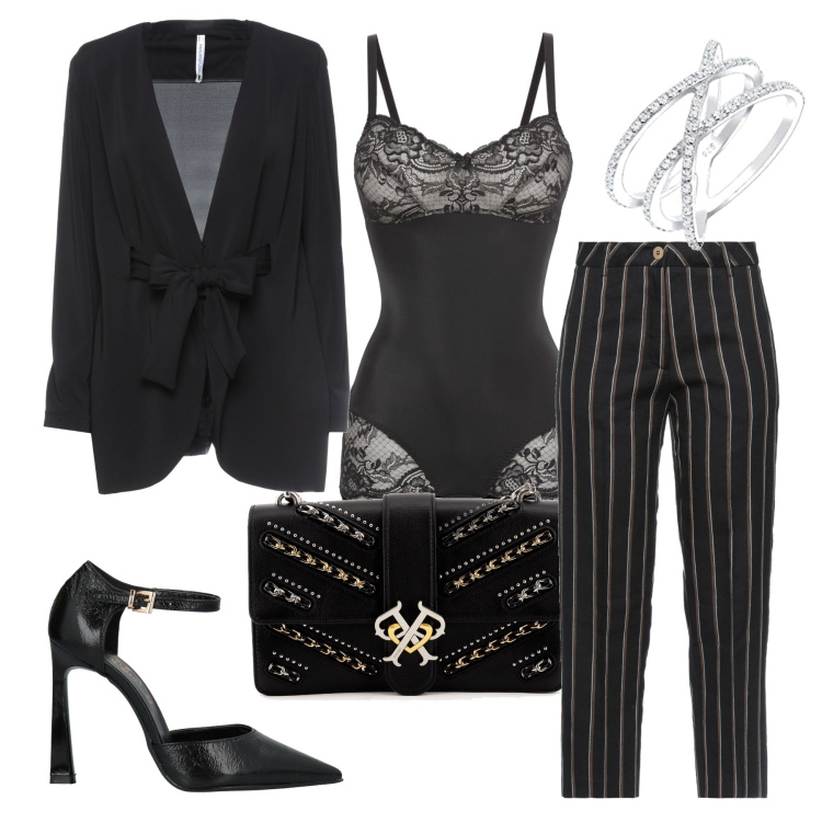 Outfit donna - Il sottogiacca in pizzo. Stile Chic per Serata fuori. Abbinamento con body, pantaloni, décolleté, blazer, borse a tracolla, anelli.