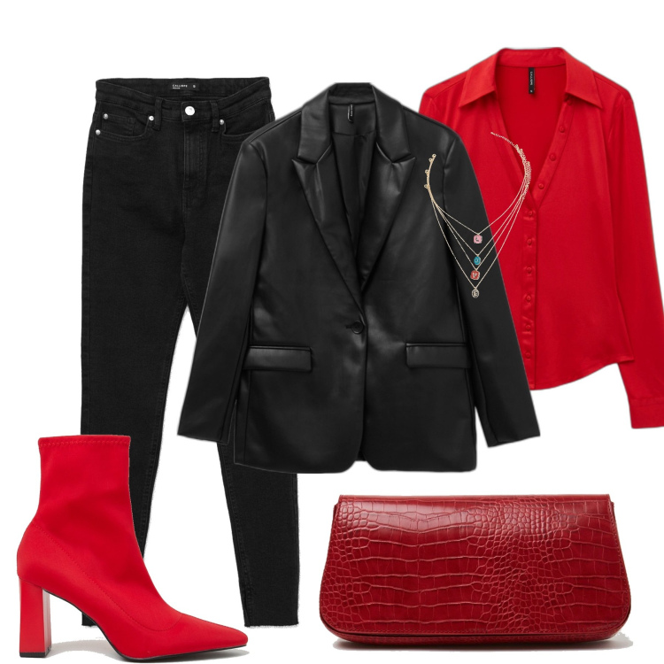 Outfit donna - Blazer effetto pelle. Stile Casual chic per Tutti i giorni. Abbinamento con camicie, collane, jeans skinny, blazer, scarpe col tacco, borse a spalla.