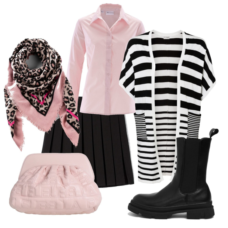 Outfit donna - Pink. Stile Trendy per Scuola/Università. Abbinamento con foulard, cardigans, camicie, borse a mano, minigonne, stivali.