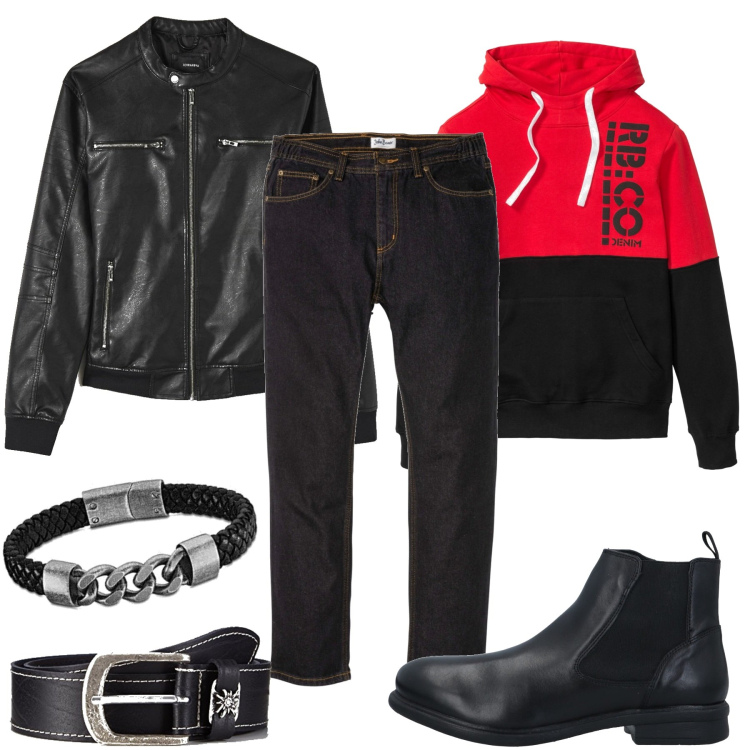 Outfit uomo - Tendenza rock. Stile Biker Rock per Tutti i giorni. Abbinamento con felpe con cappuccio, jeans dritti, stivali e stivaletti, cappotti, cinture, braccialetti.