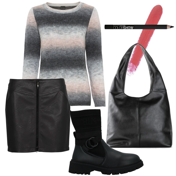 Outfit donna - Sfumature. Stile Casual per Tutti i giorni. Abbinamento con maglieria, minigonne, borse a spalla, stivaletti, eyeliner, matite labbra.