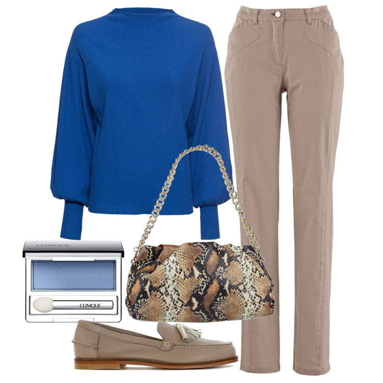 Outfit donna - Tortora, Blu, Corda. Stile Basic per Ufficio. Abbinamento con maglieria, pantaloni, borse a mano, mocassini, ombretti.