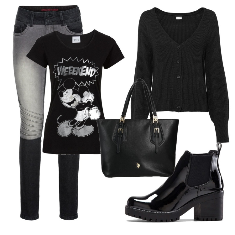 Outfit donna - Topolinomania. Stile Glamour per Tutti i giorni. Abbinamento con t-shirt, cardigans, jeans skinny, stivaletti, borse a mano.