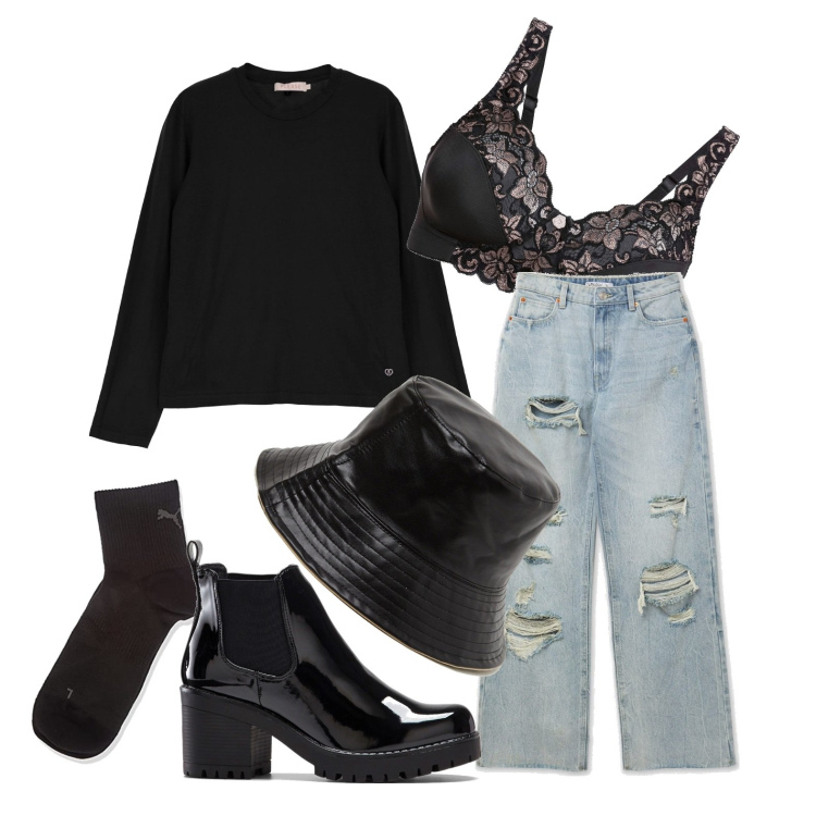 Outfit donna - Senza età. Stile Urban per Tutti i giorni. Abbinamento con reggiseni, stivaletti, maglieria, jeans strappati, cappelli con visiera, calzini.