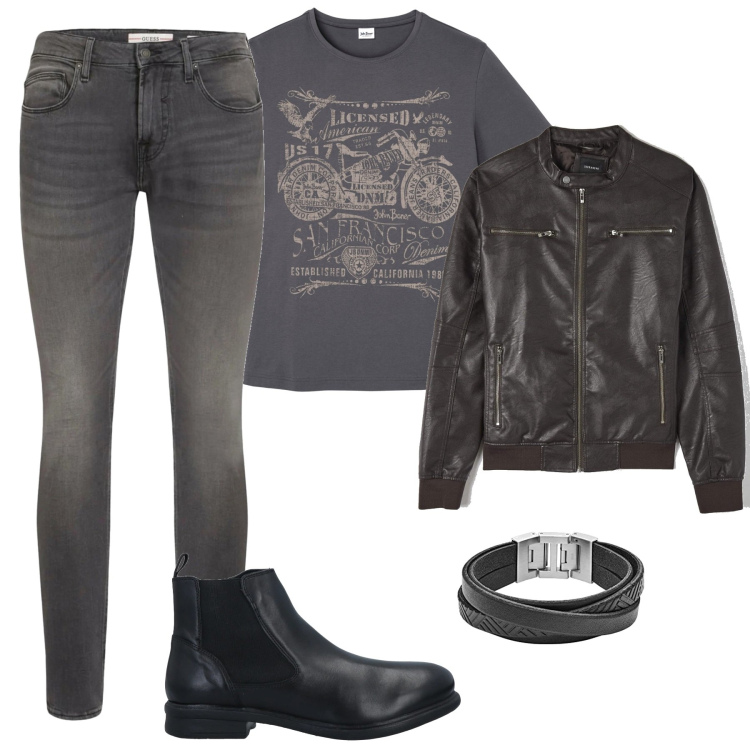 Outfit uomo - La t-shirt con i jeans. Stile Biker Rock per Tutti i giorni. Abbinamento con t-shirt, stivali e stivaletti, cappotti, jeans skinny, braccialetti.