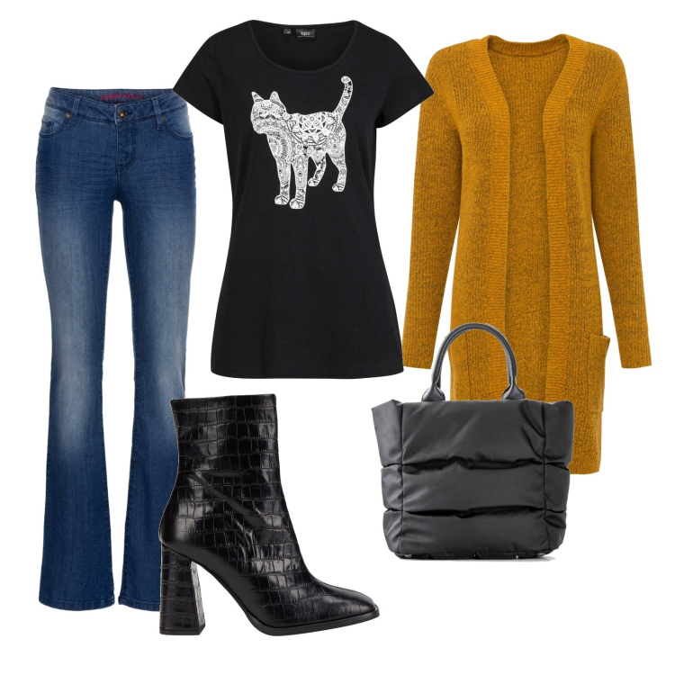 Outfit donna - Maxi cardigan senape. Stile Casual per Tutti i giorni. Abbinamento con jeans bootcut, cardigans, t-shirt, borse a mano, stivaletti.