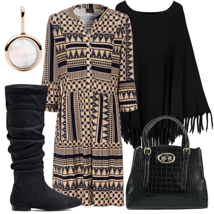 Outfit donna - Black&beige. Stile Trendy per Tutti i giorni. look ideale per Tall. Abbinamento con stivali, vestiti, borse a mano, cappotti, ciondoli.