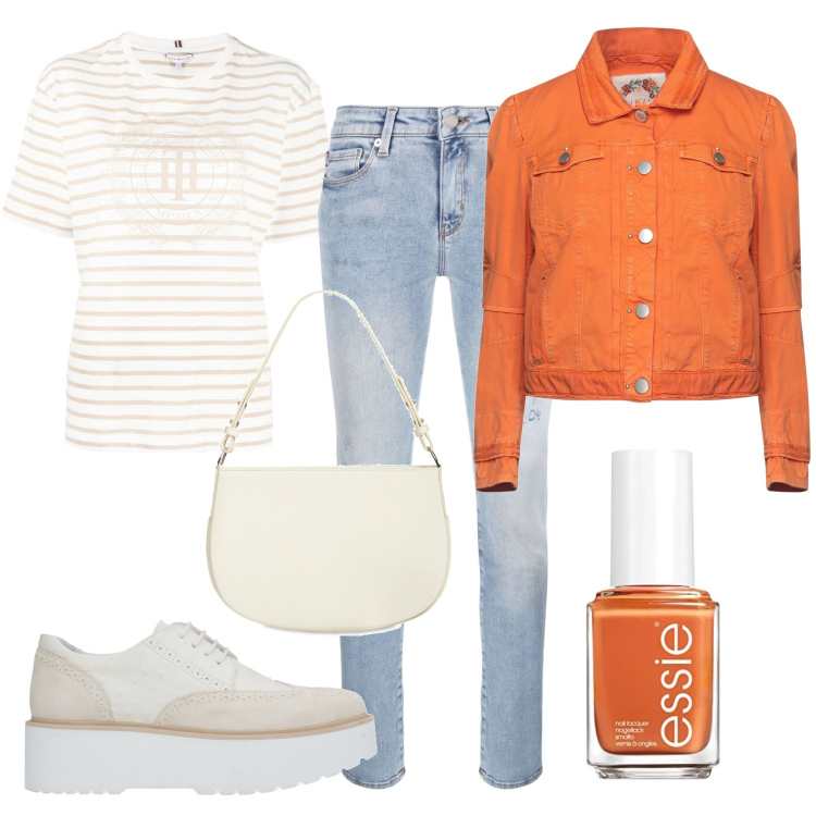 Outfit donna - Buongiorno. Stile Casual per Tutti i giorni. Abbinamento con scarpe stringate, giacche, jeans skinny, top, borse a spalla, smalti.